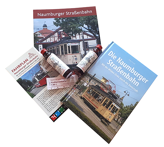 1 Fünfahrtenkarte der Naumburger Straßenbahn, 2 x „Zickenöl“, Buch von Mike Ewald „Die Naumburger Straßenbahn“