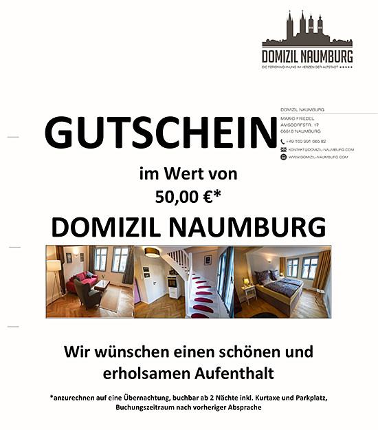 Gutschein im Wert von 50€ für eine Übernachtung im DOMIZIL Naumburg